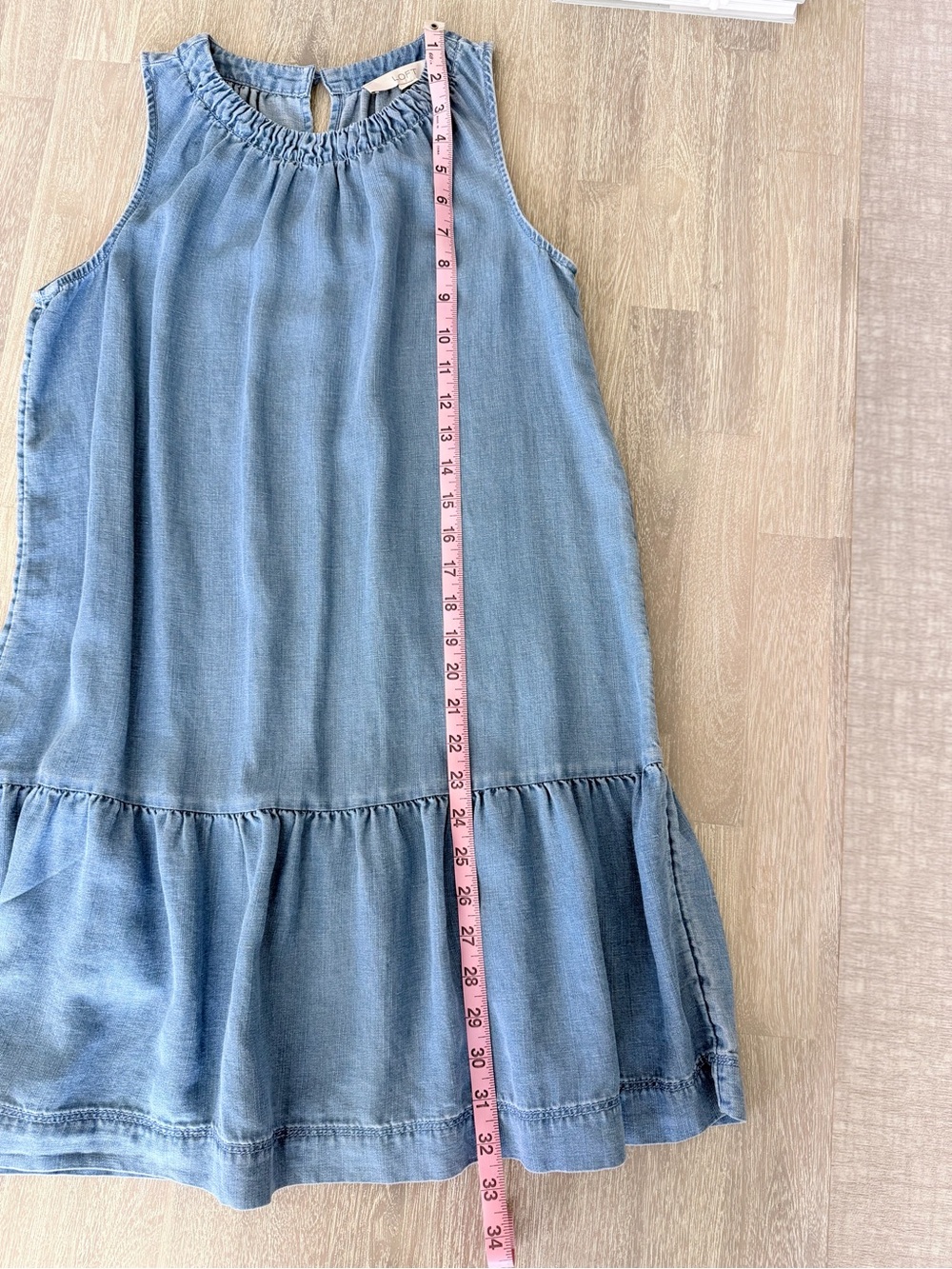 LOFT Petite Chambray Sleeveless Shift Dress | Small Petite | Blue Ruffle Hem - Picture 7 of 7